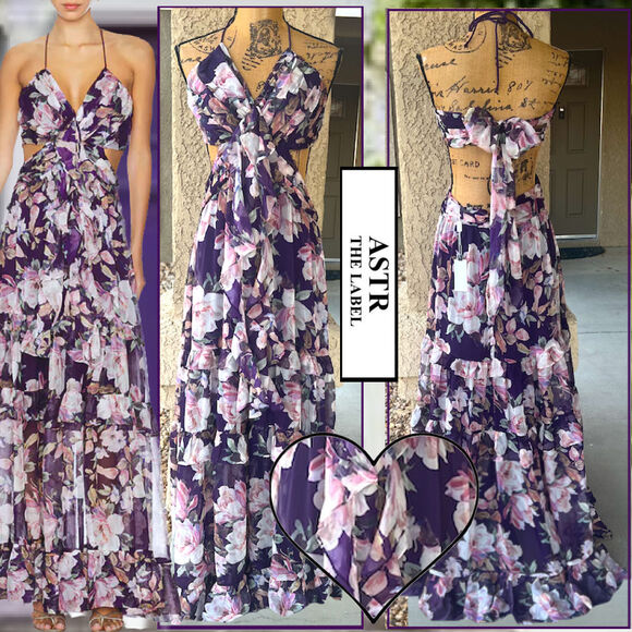 ASTR the Label Women's Kitsune Floral Cut-Out Halter Maxi Dress Size: L - Picture 1 of 12
